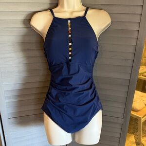 Profile By Gottex Navy One Piece with Colorful Beads & side rouching. Gorgeous!